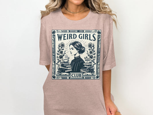 T-shirt with "WEIRD GIRLS CLUB" text and a vintage illustration of a woman reading books.