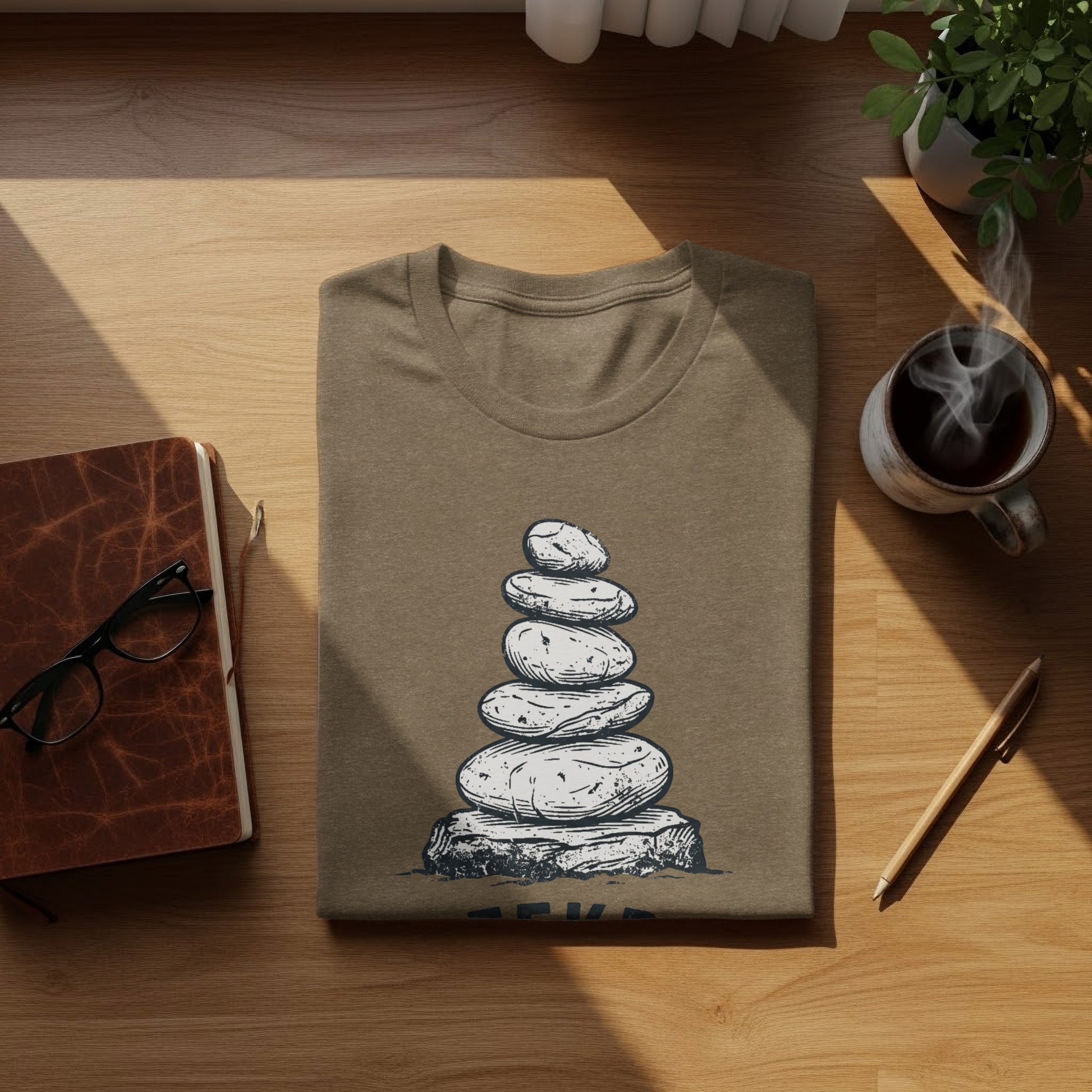 Creekbed Scout Cairn Graphic: The Explorer's Adventure Tee: Brown t-shirt with stacked stones graphic, notebook, glasses, and coffee mug.