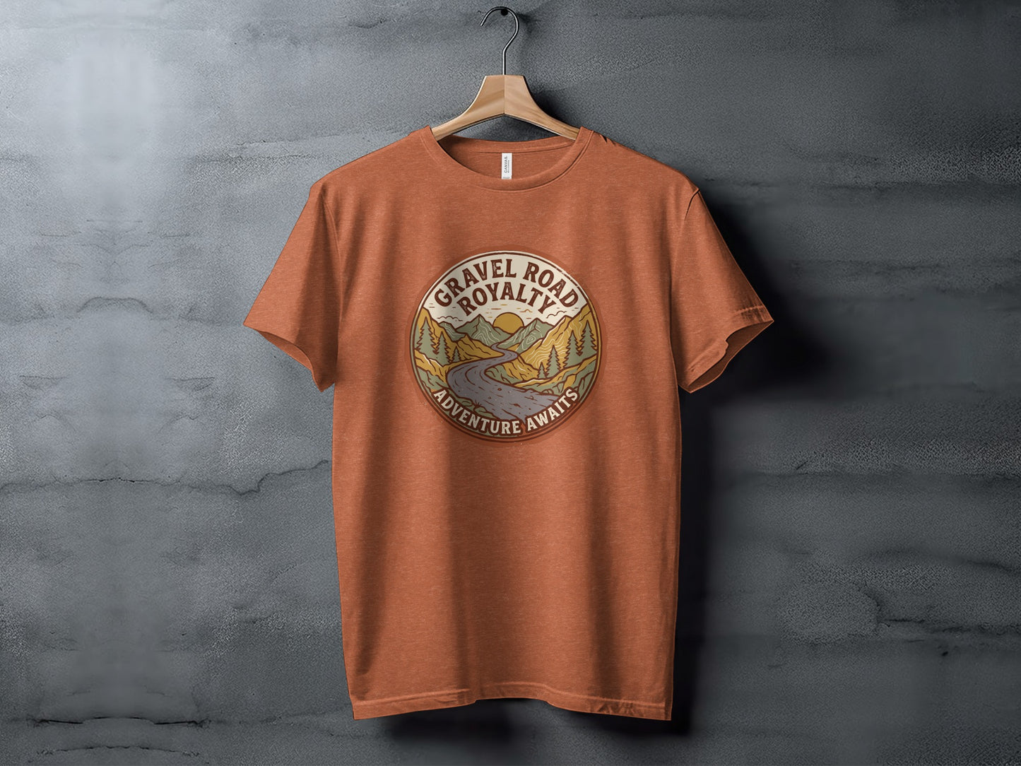 Gravel Road Royalty Vintage Adventure Tee: Backcountry Outpost Shirt: Gravel Road Royalty t-shirt with mountain and road adventure graphic.