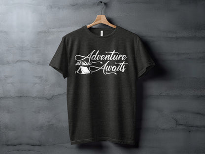 Adventure Awaits Tent Mountains Graphic Design T-Shirt T-Shirt - Outdoor & Adventure Collection - Mile Marker 16 Gear by Cloud 16 Clothing Co.