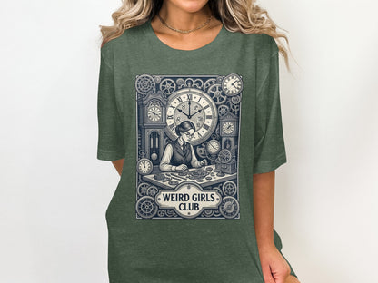 Green t-shirt with "Weird Girls Club" and clockwork gears design.
