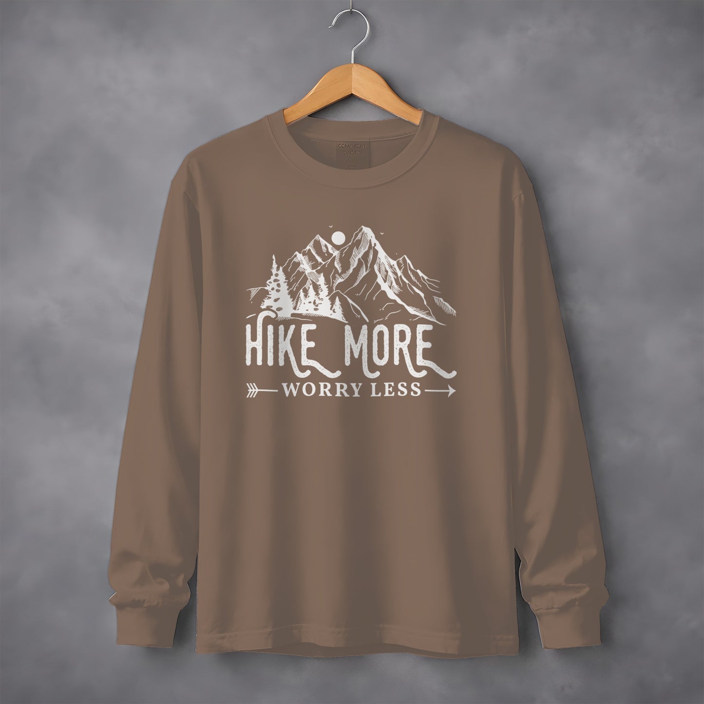 Hike More Worry Less Mountain Design Funny Outdoor Long Sleeve T-Shirt Long Sleeve Tee - Outdoor & Adventure Collection - Mile Marker 16 Gear by Cloud 16 Clothing Co.