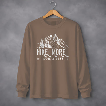 Hike More Worry Less Mountain Design Funny Outdoor Long Sleeve T-Shirt Long Sleeve Tee - Outdoor & Adventure Collection - Mile Marker 16 Gear by Cloud 16 Clothing Co.