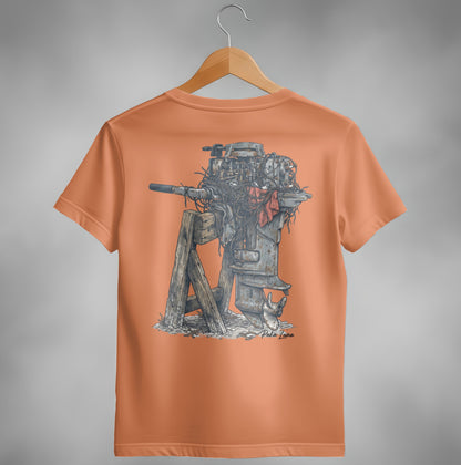 Vintage outboard motor illustration on an orange t-shirt.