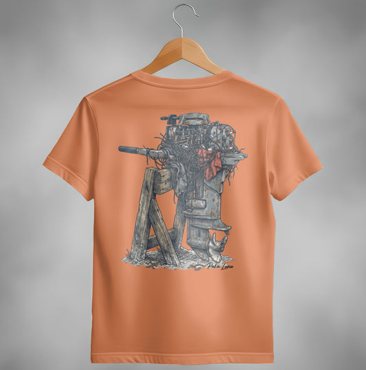 Vintage outboard motor illustration on an orange t-shirt.