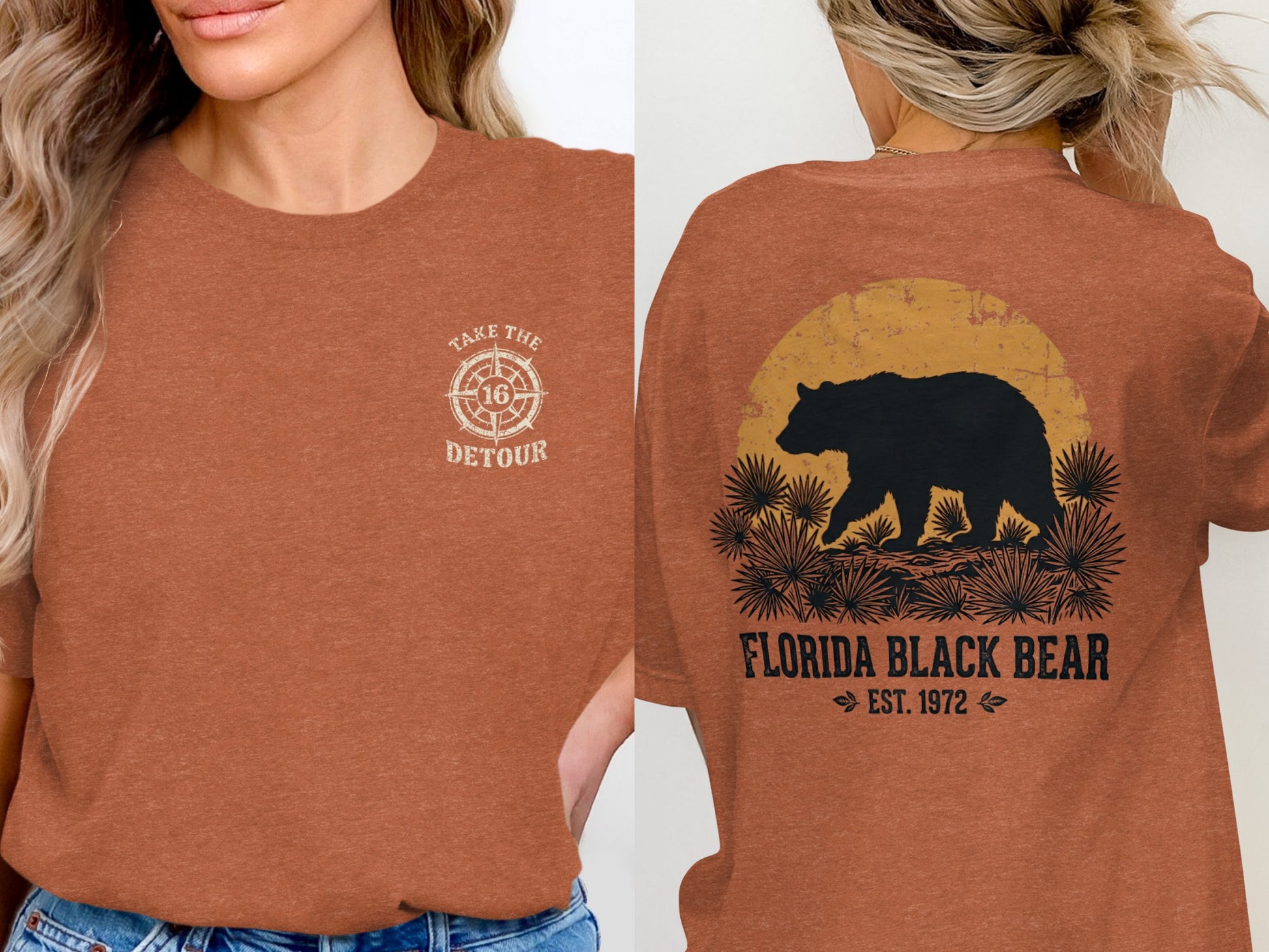 Orange t-shirt with "Take the Detour" on front and Florida black bear graphic on back.