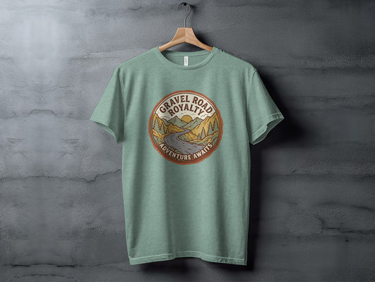 Gravel Road Royalty Vintage Adventure Tee: Backcountry Outpost Shirt: Green t-shirt with "Gravel Road Royalty Adventure Awaits" graphic.