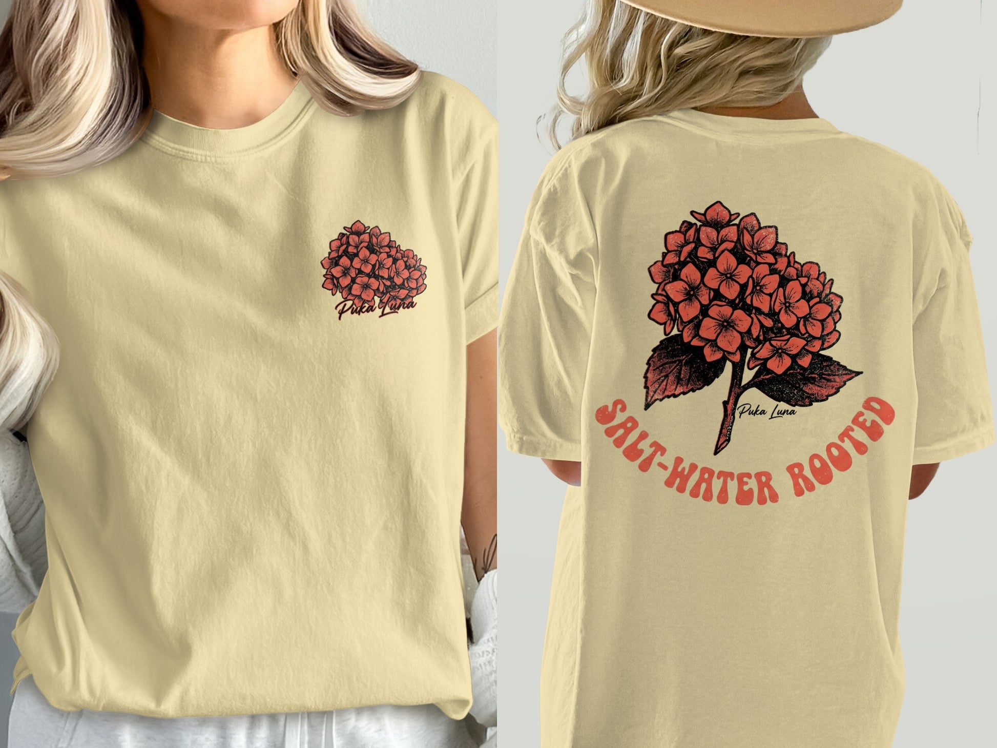 Light yellow t-shirt with red hydrangea graphic and "Puka Luna" text.
