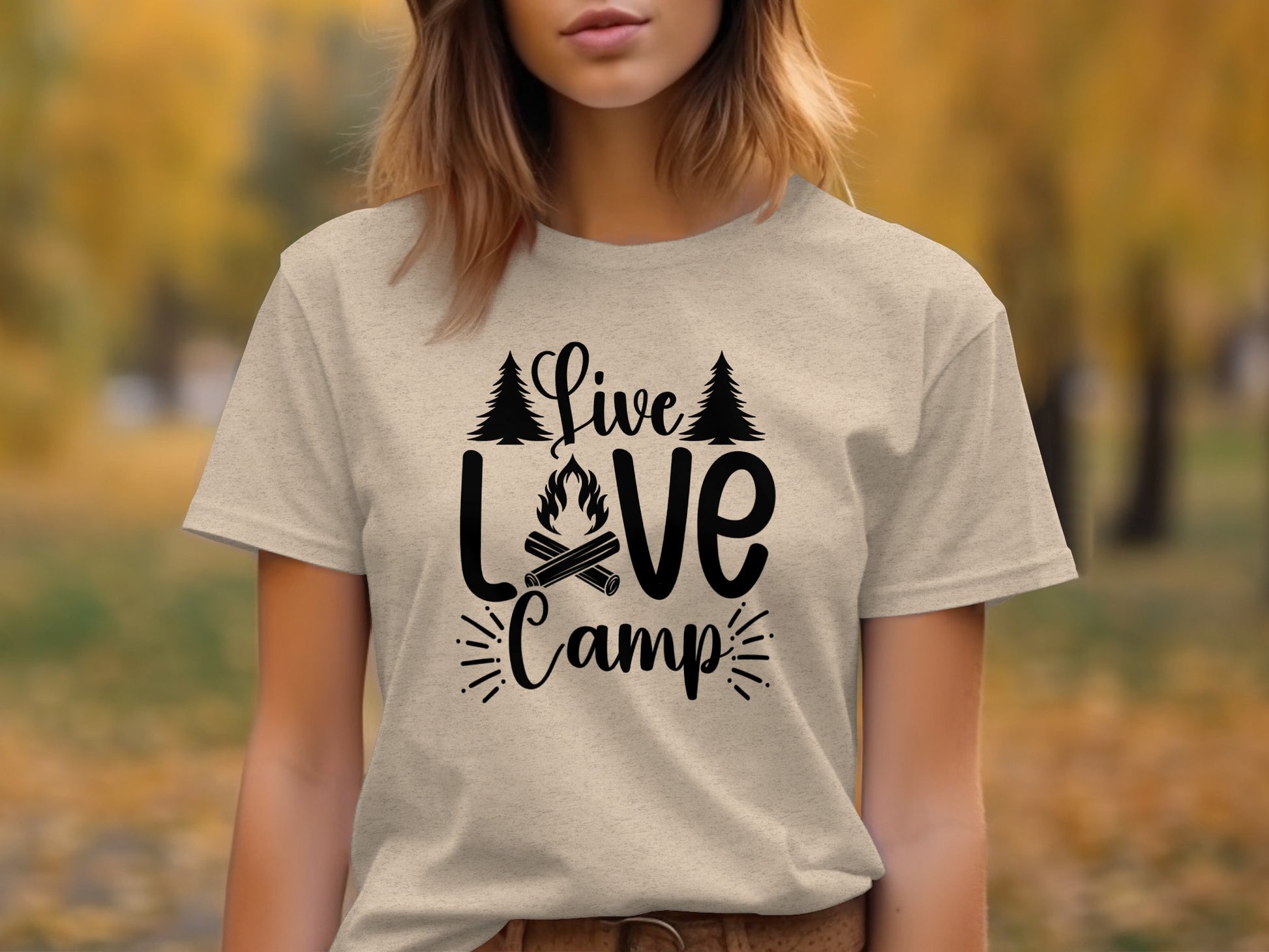 Live Love Camp with Campfire and Trees Graphic T-Shirt T-Shirt - Outdoor & Adventure Collection - Mile Marker 16 Gear by Cloud 16 Clothing Co.