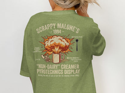 Green t-shirt with "Scrappy Malone's 1994" and fireworks display art.