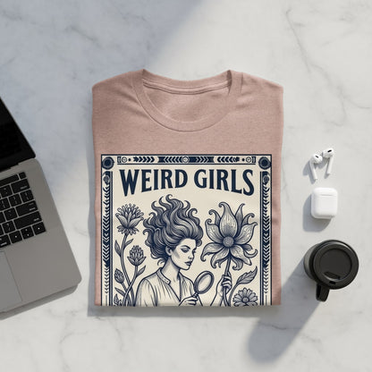 Pink t-shirt featuring "Weird Girls" text and a vintage illustration of a woman.