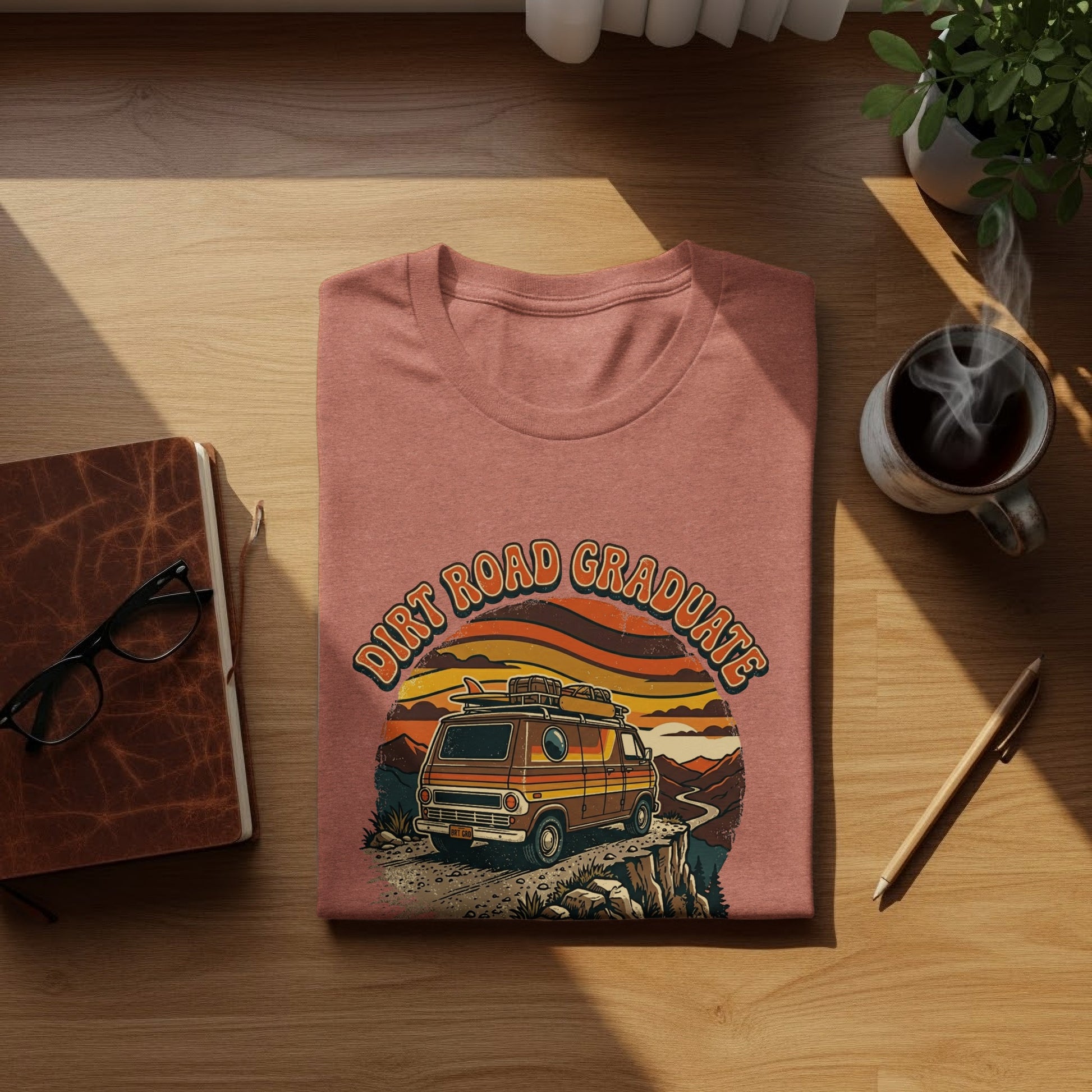 Heritage Dirt Road Graduate Adventure Tee Nomad Tee: T-shirt with vintage van, mountains, and "Dirt Road Graduate" text.