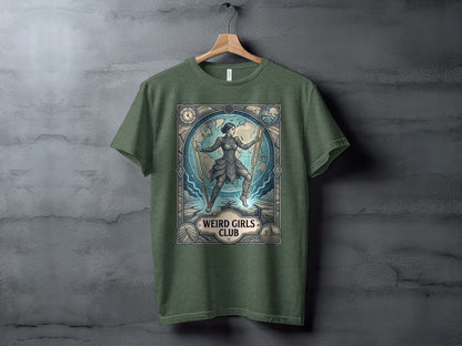 T-shirt graphic with woman warrior, globe, and "Weird Girls Club" text.