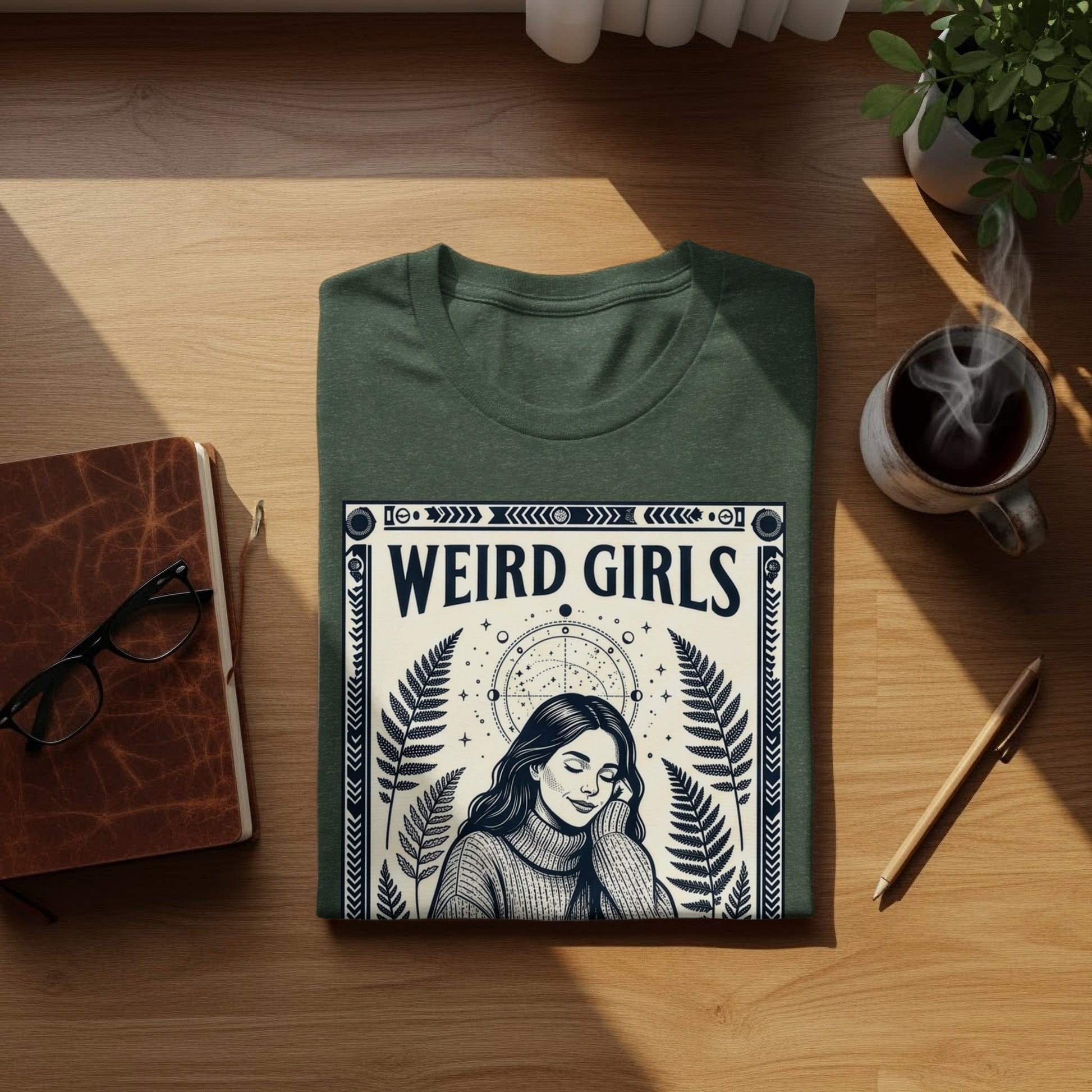 Dark green t-shirt with "Weird Girls" text and celestial design.