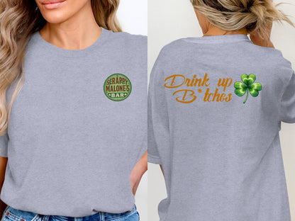 Scrappy Malone's Bar, Bar Logo Art, Irish Bar Sign, Shamrock Design, St Patricks Day Gift, Lucky Charm Bar Decor T-Shirt - Scrappy Malone's Bar 100-Proof Humor - Cloud 16 Clothing Co.