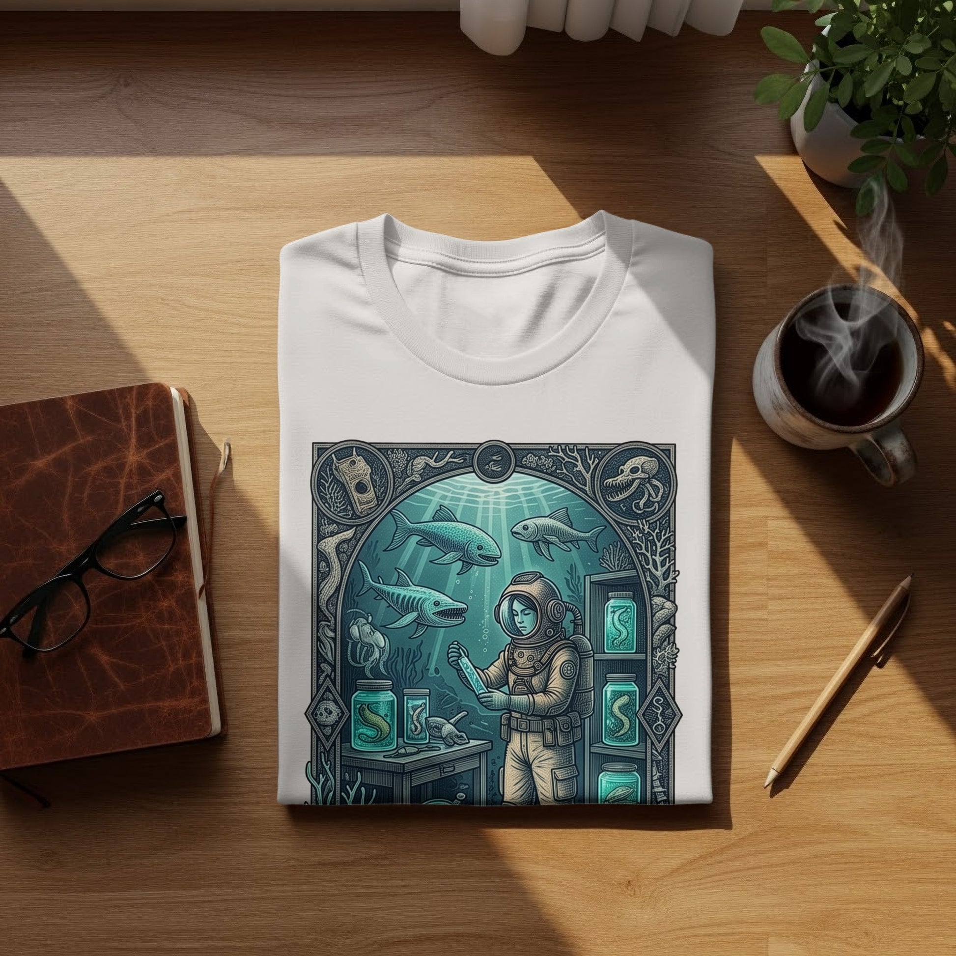 White t-shirt with illustration of an astronaut in an underwater lab.