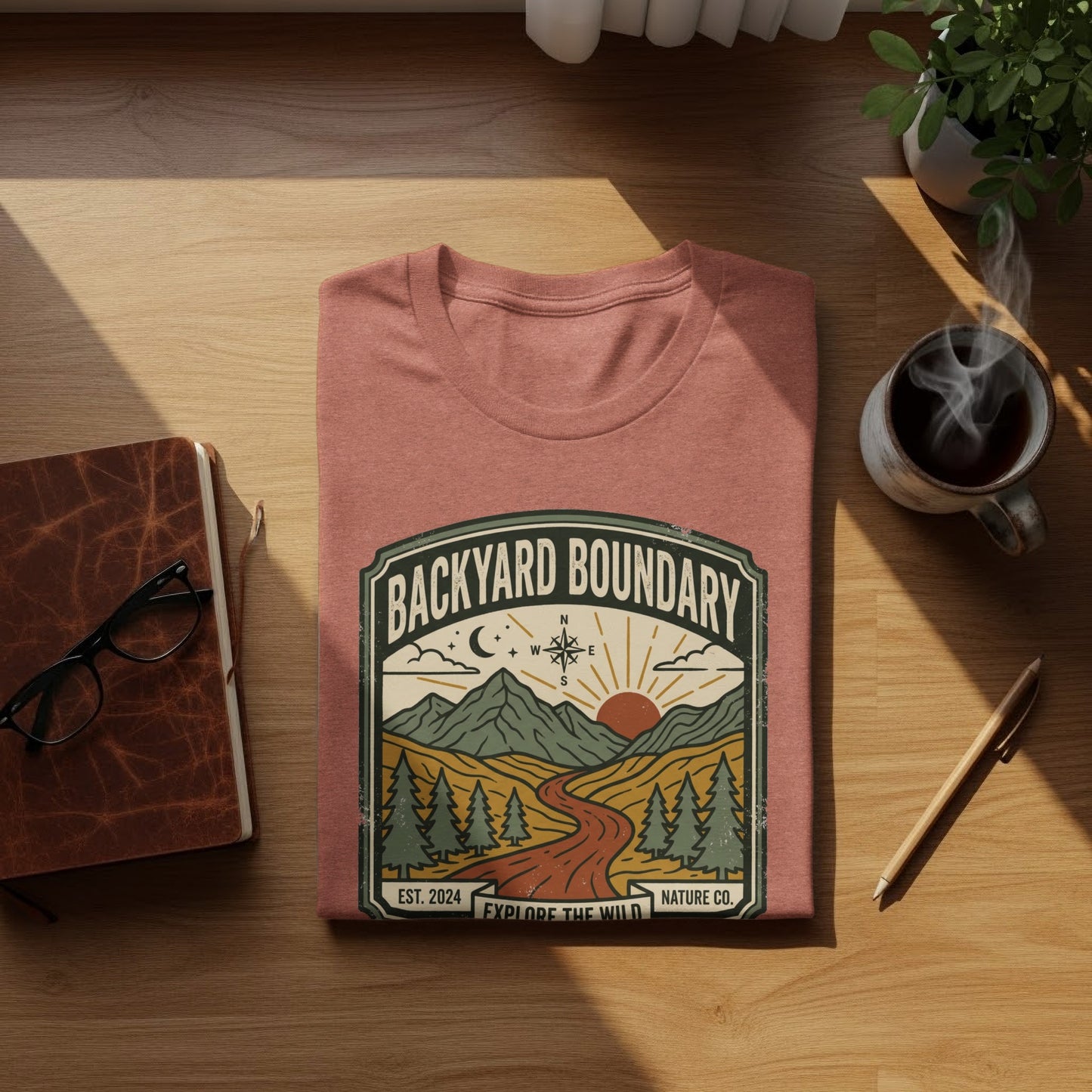 Rugged Backyard Boundary: Explore The Wild Wilderness Shirt: T-shirt with "Backyard Boundary" and "Explore the Wild" nature graphic.