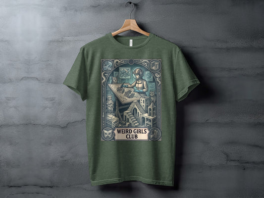 Green t-shirt with intricate illustration of a robot drawing, "Weird Girls Club" logo.