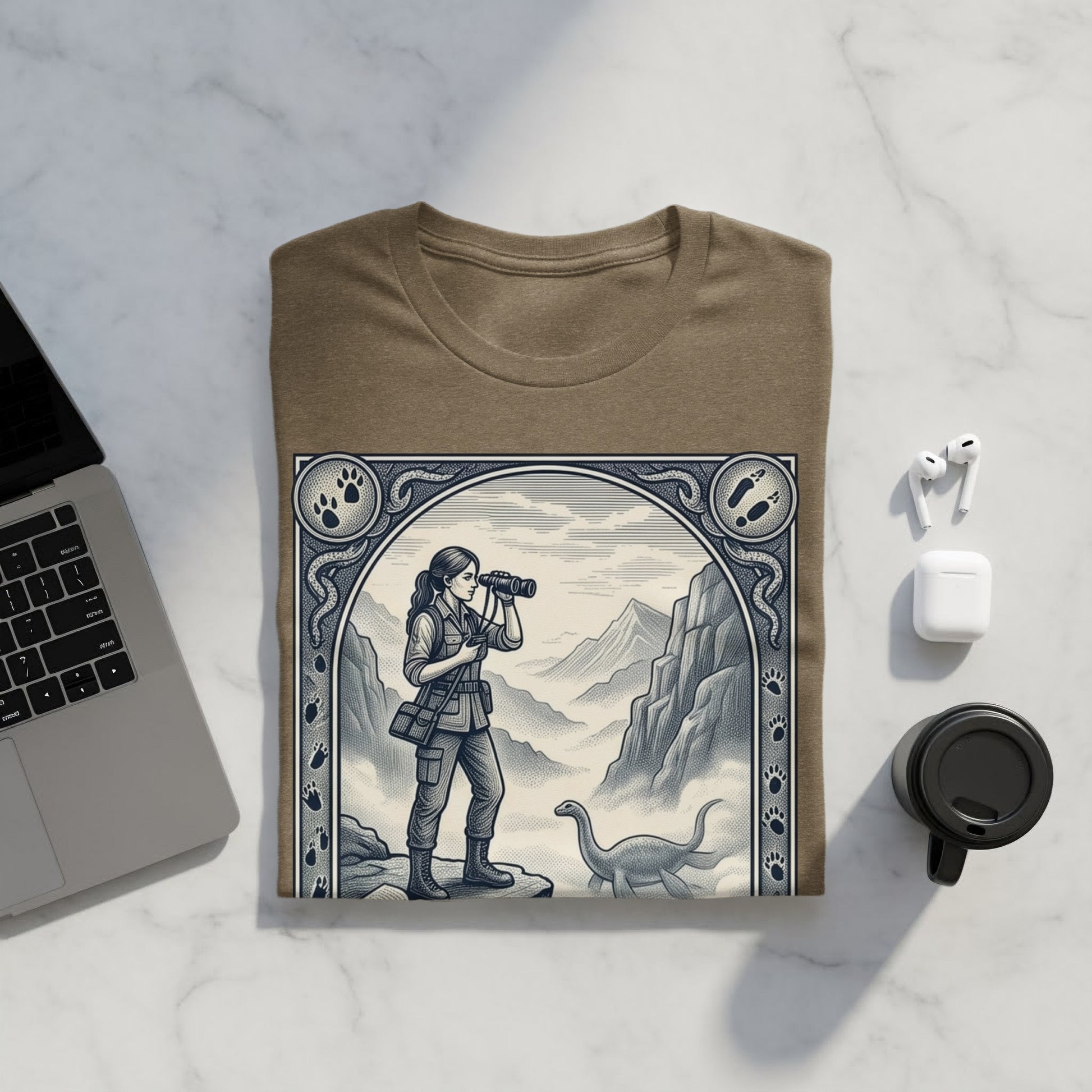 T-shirt with illustration of a paleontologist observing a dinosaur.
