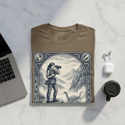 T-shirt with illustration of a paleontologist observing a dinosaur.