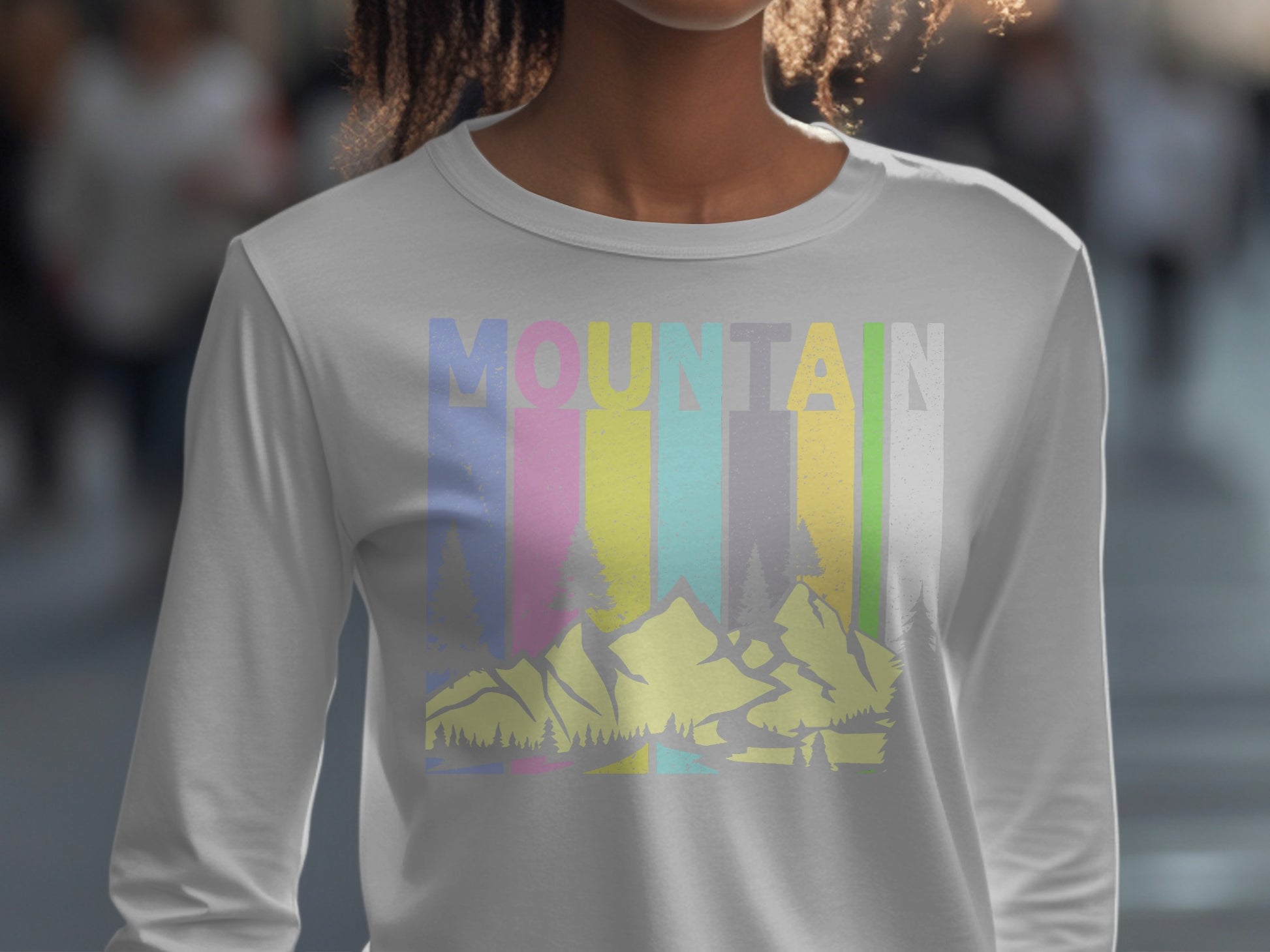 Colorful Retro Mountain Graphic Long Sleeve Shirt