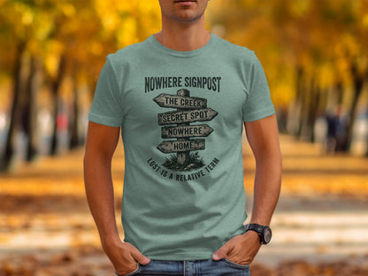 Nowhere Signpost Adventure: Backcountry Outpost Shirt: T-shirt with signpost graphic: "Nowhere Signpost," "The Creek," "Secret Spot," "Nowhere Home."