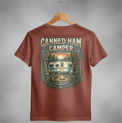 Brown t-shirt with "Canned Ham Camper" graphic, vintage trailer, campfire, forest.