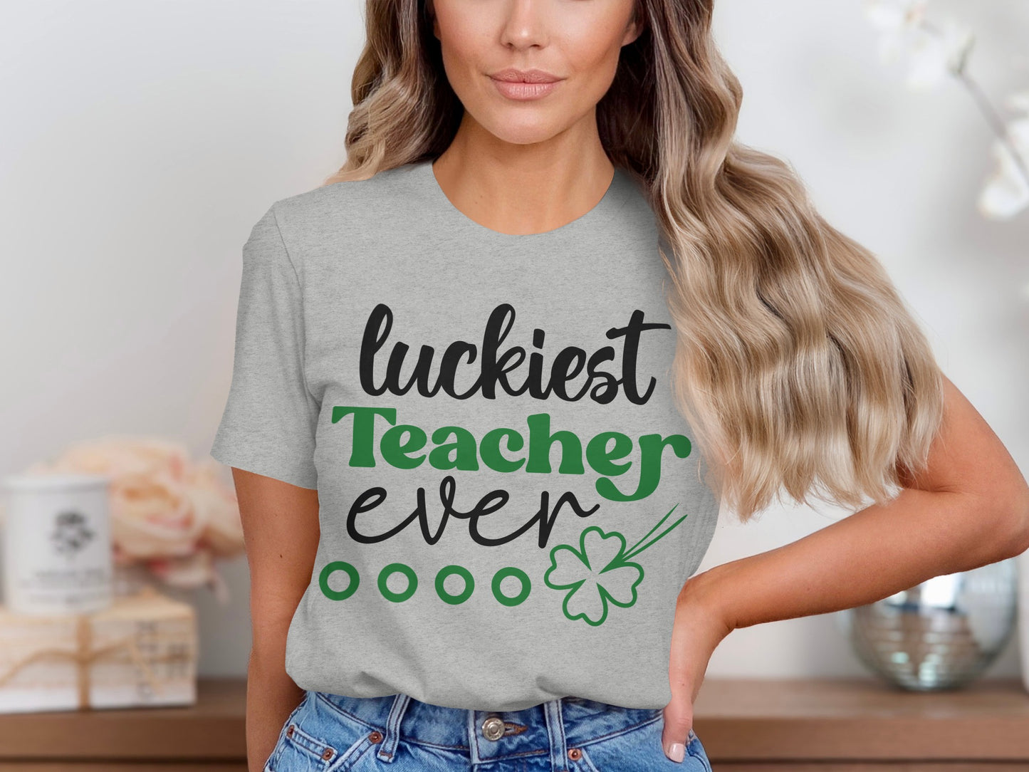 Luckiest Teacher Ever t-shirt with Four-Leaf Clover Design