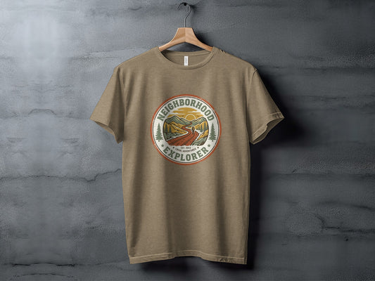 The Original Neighborhood Explorer Adventure Adventure Top: T-shirt with "Neighborhood Explorer" circular logo featuring mountains, road, and sun.