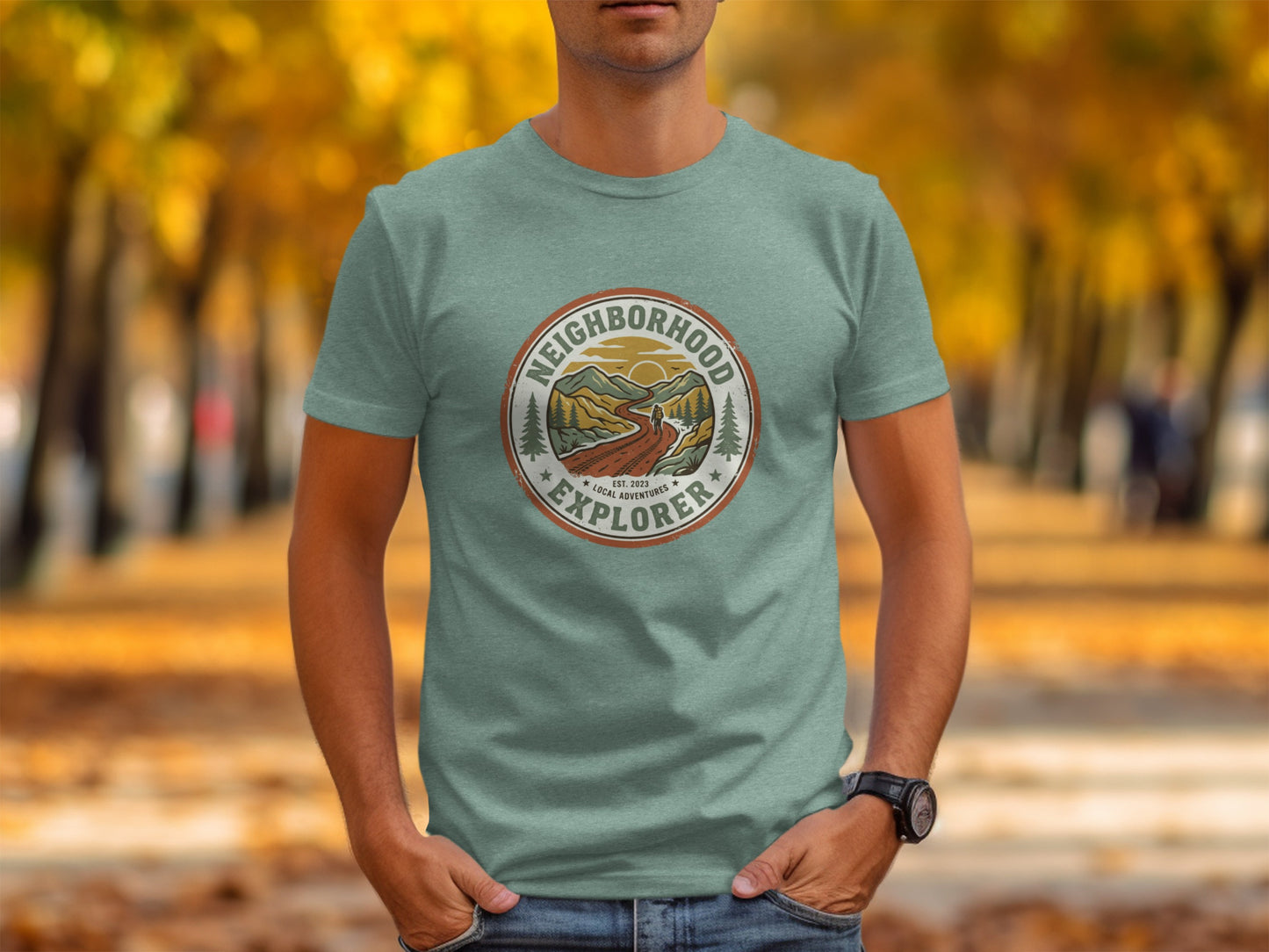The Original Neighborhood Explorer Adventure Adventure Top: T-shirt with "Neighborhood Explorer" logo, featuring a mountain landscape.