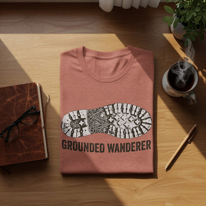 Grounded Wanderer Boot Print | Vintage Outdoor Apparel: T-shirt with boot print graphic and "GROUNDED WANDERER" text.