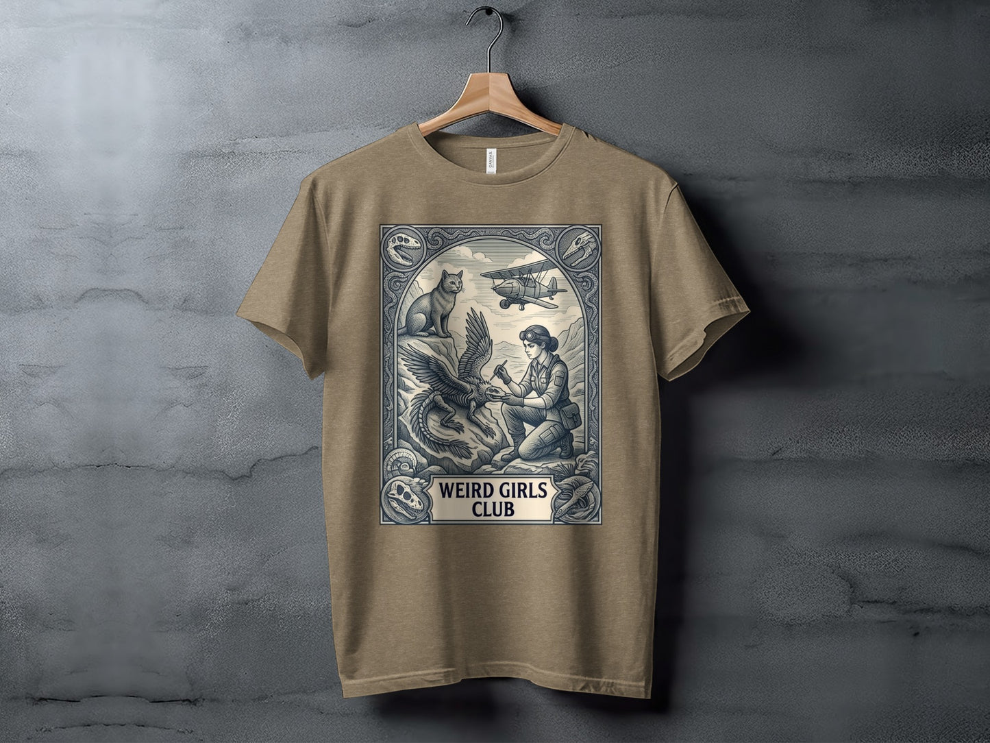 T-shirt featuring a vintage illustration of a woman with an eagle and biplane.