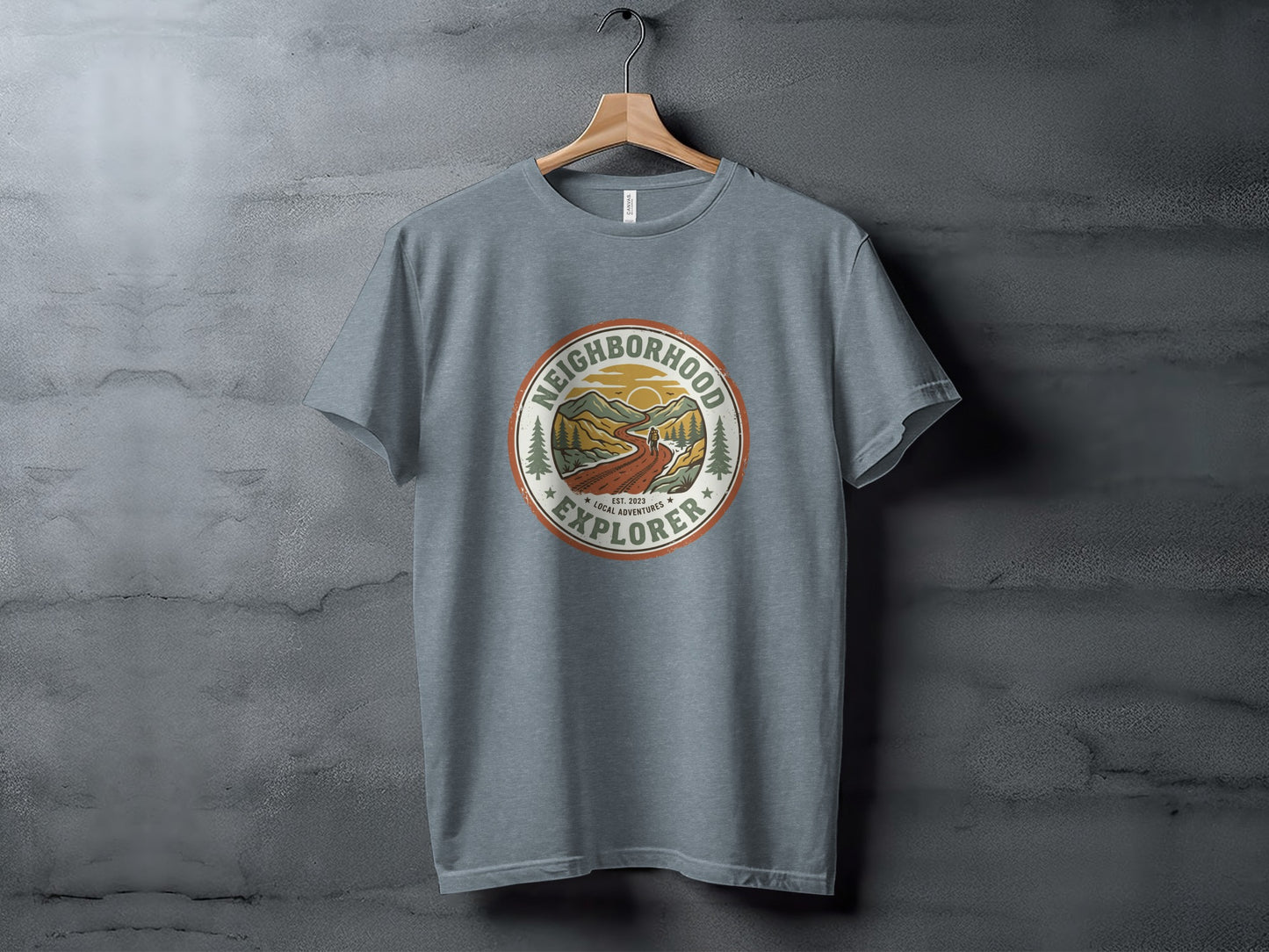 The Original Neighborhood Explorer Adventure Adventure Top: Grey t-shirt with "Neighborhood Explorer" circular logo featuring mountains and a road.