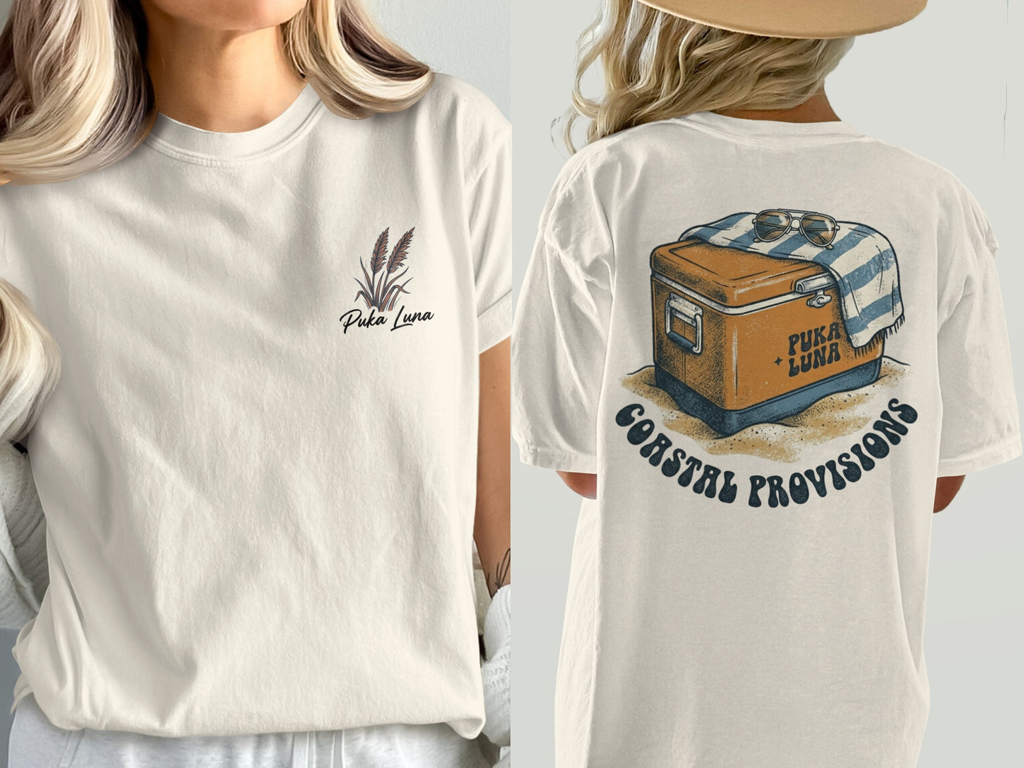 Cream t-shirt with Puka Luna logo on front and cooler graphic on back.