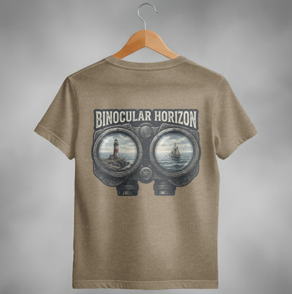 Binocular Horizon t-shirt with lighthouse and sailboat scene.