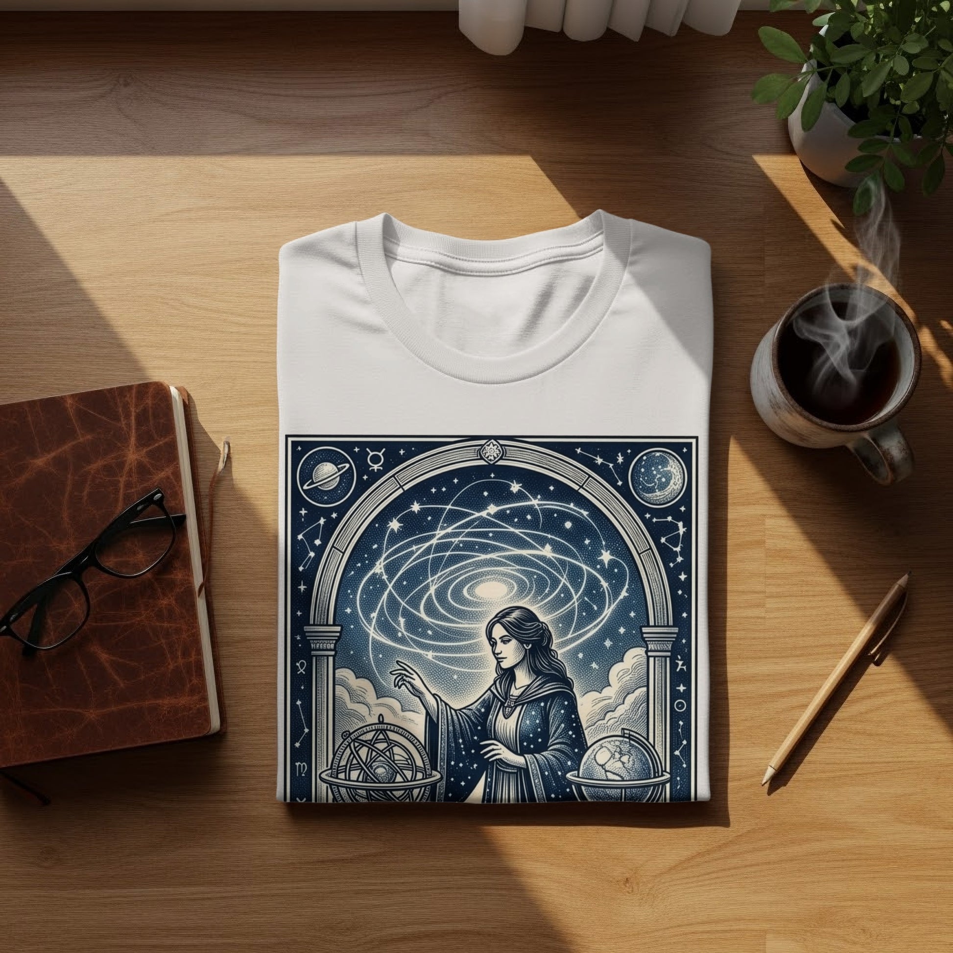 White t-shirt with celestial woman illustration, globes, and starry sky.