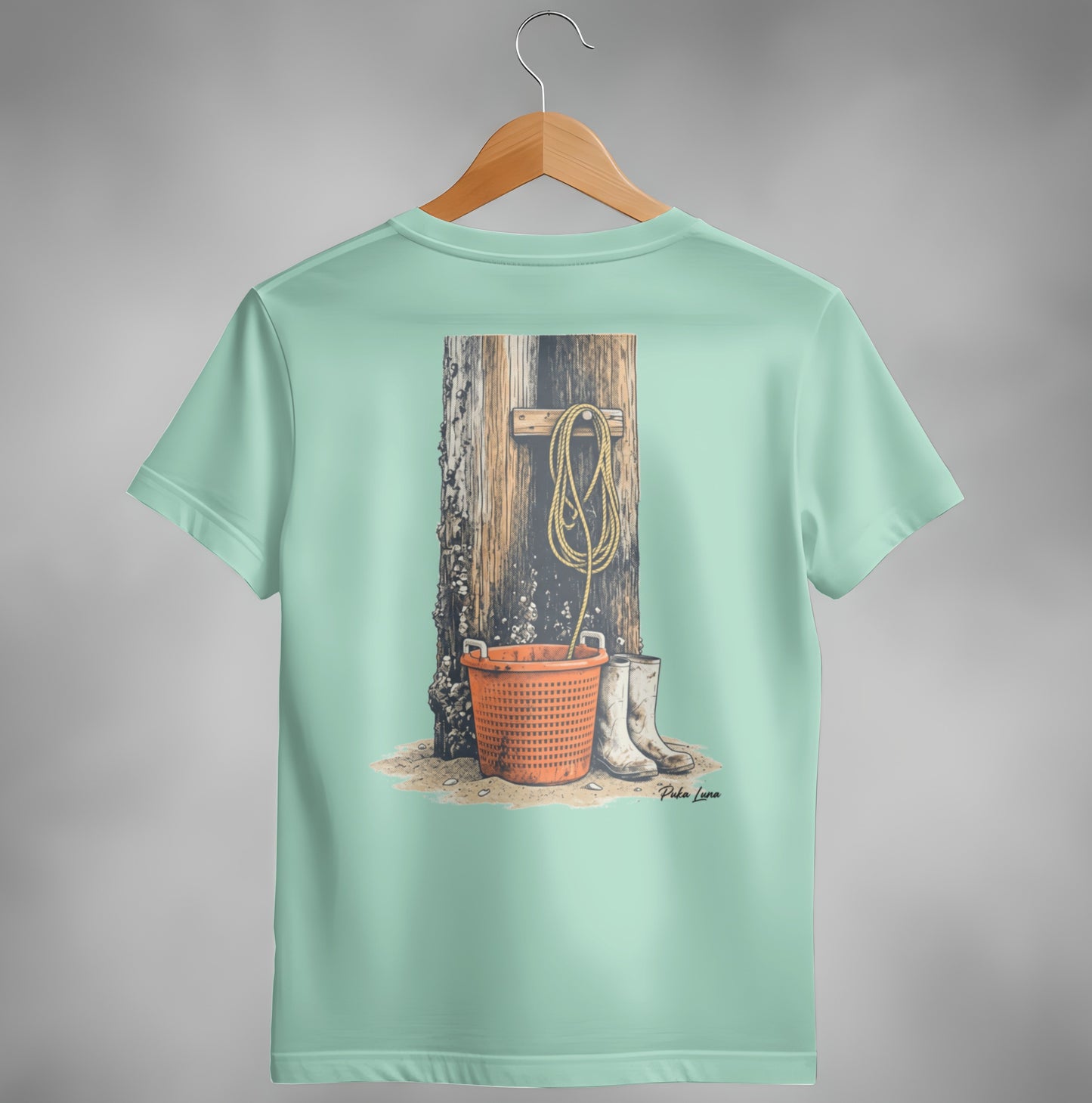 Illustration of a bucket, boots, and rope against a wooden post.