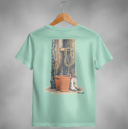 Illustration of a bucket, boots, and rope against a wooden post.
